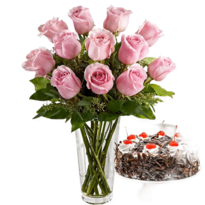 rose bouquet with cake